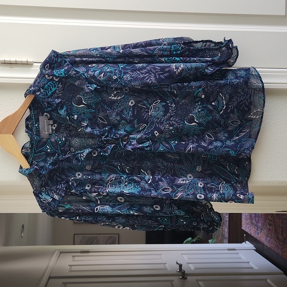 Anthropologie Haida Peasant Ruffle Blouse blue green teal sheer small top - Picture 2 of 7